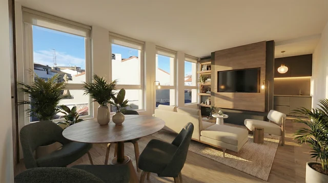 Representación del salón-comedor con cocina integrada de la vivienda 5.º A de SL19