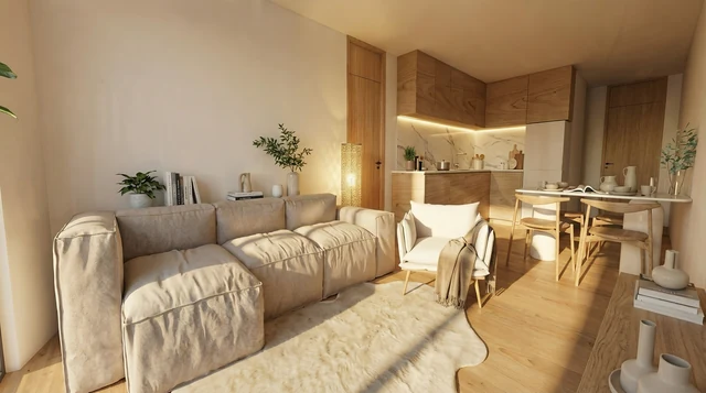 Representación del estar con cocina abierta de la vivienda 5.º B