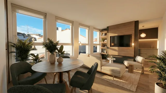 Infografía del salón-comedor de una vivienda de SL19, en Gijón