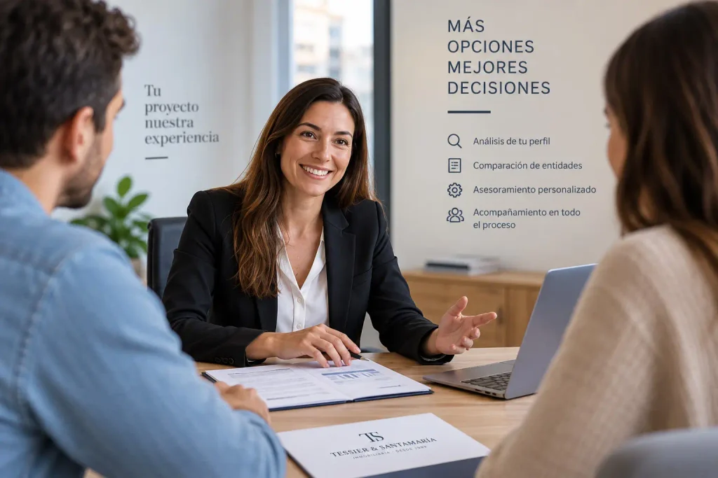 Asesor hipotecario comparando opciones de financiación con compradores