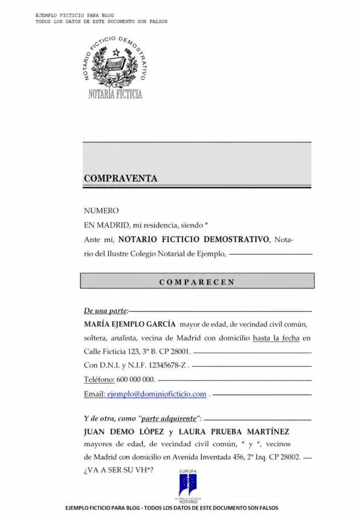 Ejemplo ficticio de un borrador de escritura de compraventa, con datos de demostración.