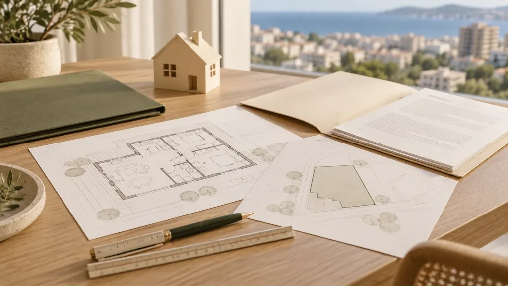Ilustración de planos, documentos, una regla y una maqueta de vivienda sobre una mesa
