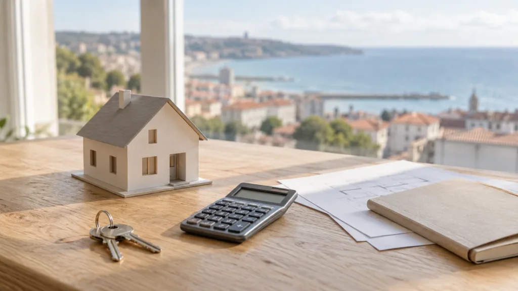 Maqueta de una vivienda, calculadora, llaves y cuaderno sobre una mesa junto a una ventana con vistas al mar.