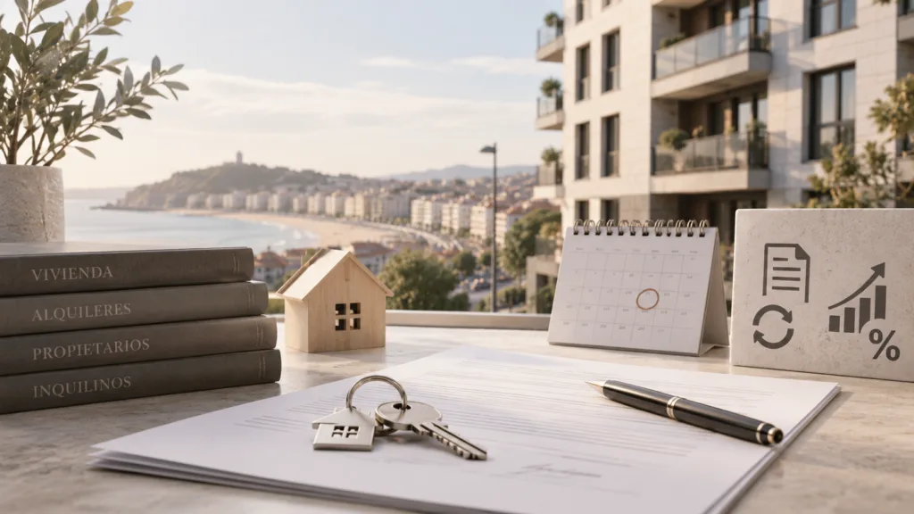 Ilustración sobre alquiler de vivienda con contrato, llaves, calendario y edificios residenciales